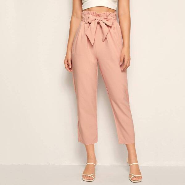 

Solid Self Tie Paperbag Waist Pants, Baby pink