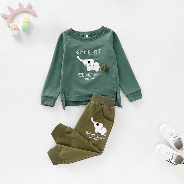 

Toddler Boys Elephant Print Fringe Detail Sweatshirt With Pants, Multicolor
