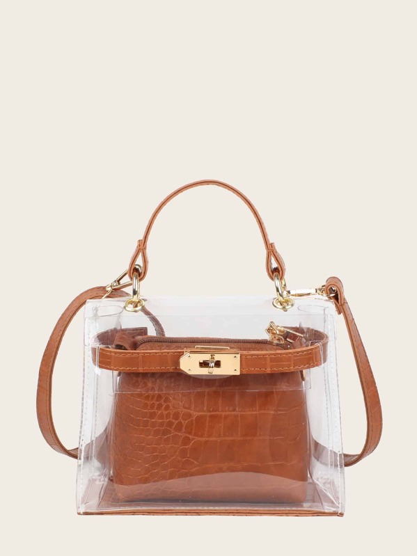 

Clear Bag With Croc Embossed Inner Pouch, Brown