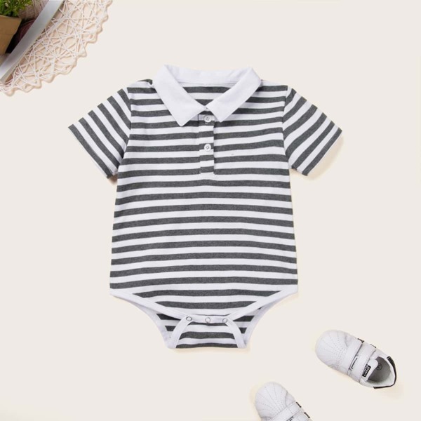 

Baby Boy Contrast Collar Half Placket Striped Romper