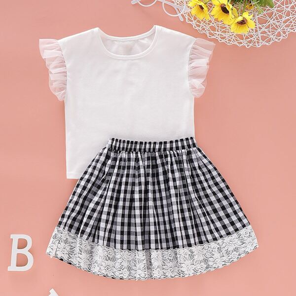 

Toddler Girls Contrast Mesh Sleeve Tee With Gingham Contrast Lace Skirt