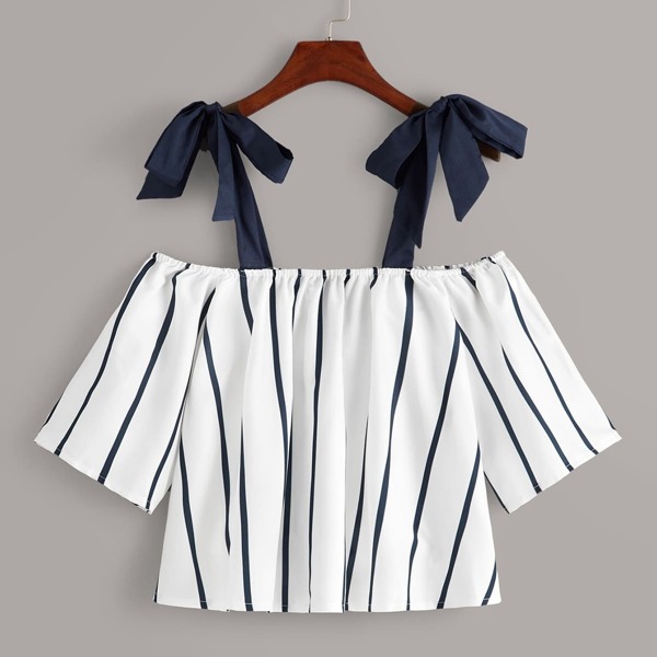 

Knot Side Off-shoulder Stripe Blouse, Multicolor
