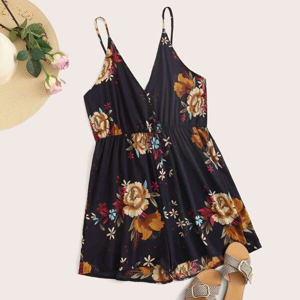 

Plus Large Floral Print Cami Romper, Navy