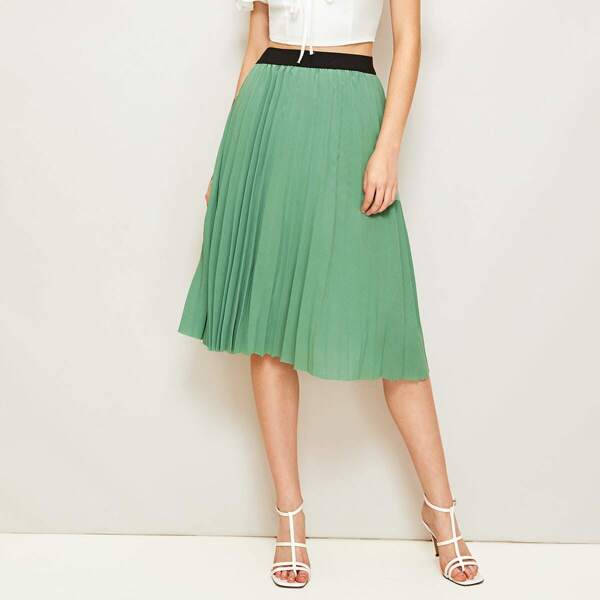 

Elastic Waist Pleated Midi Skirt, Green