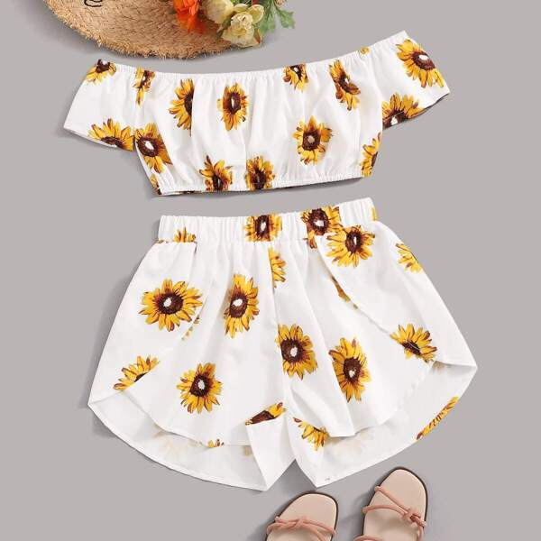 

Sunflower Print Bardot Blouse & Tulip Hem Shorts