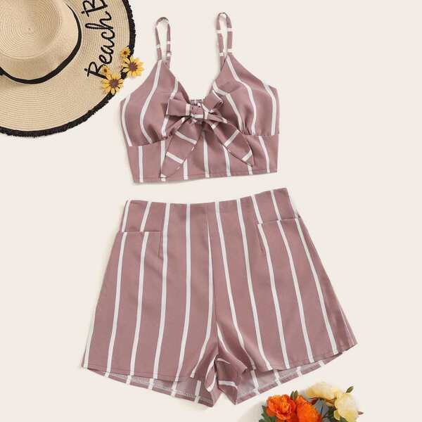 

Tie Front Shirred Stripe Cami Top & Shorts