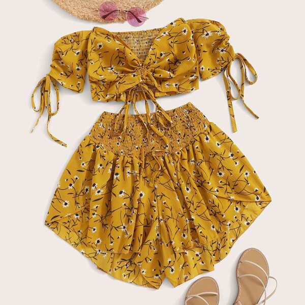 

Shirred Back Ditsy Floral Drawstring Bardot Top & Shorts