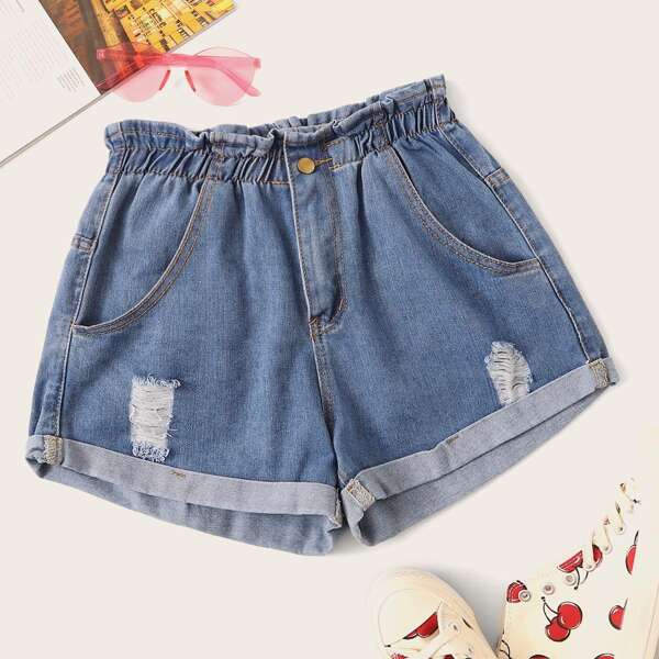 

Ripped Roll Up Hem Paperbag Waist Denim Shorts, Blue
