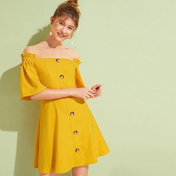 

Button Front Solid Off Shoulder Dress