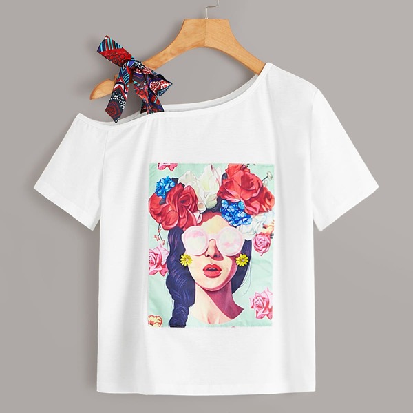 

Figure Graphic Cut Out Knot Neck Tee, White