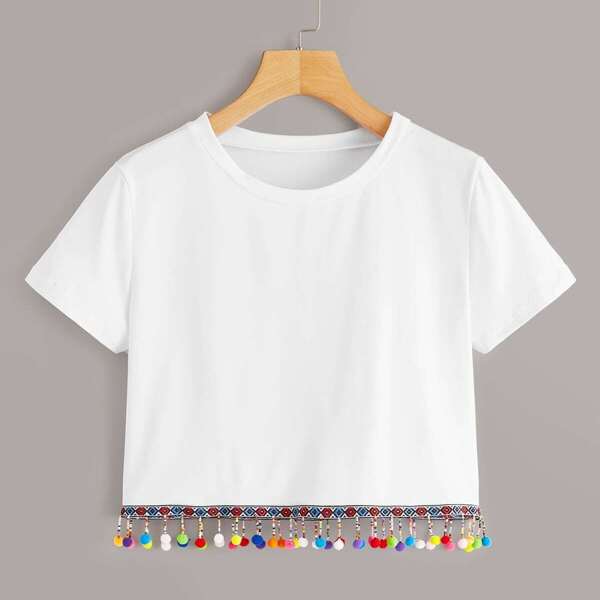 

Colorful Pom Pom Hem Crop Tee