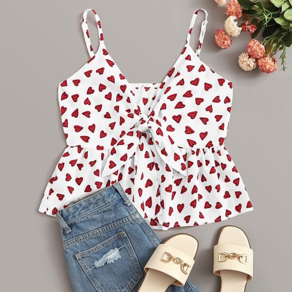 

Heart Print Tie Front Ruffle Hem Cami Top, White