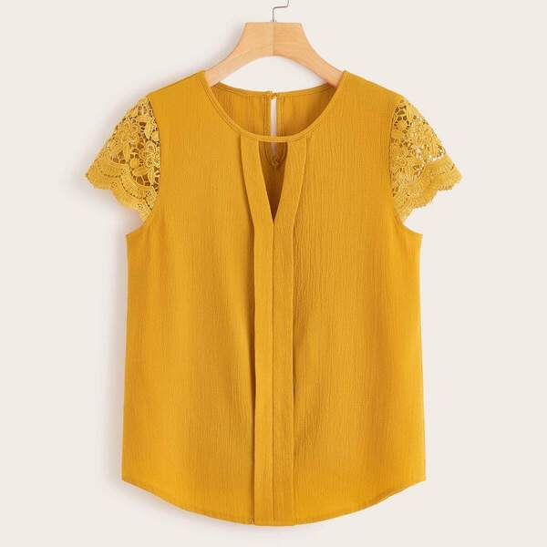 

Contrast Lace Cuff Keyhole Neck Blouse, Yellow