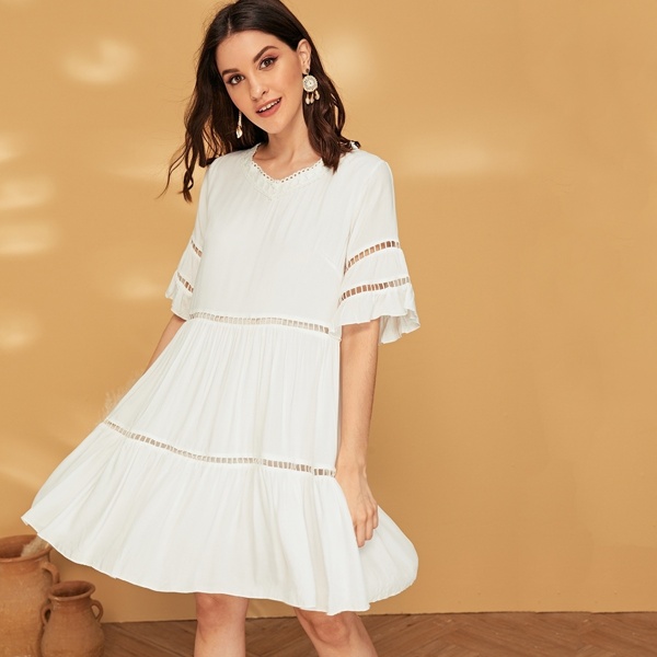

Solid Contrast Lace Swing Dress, White