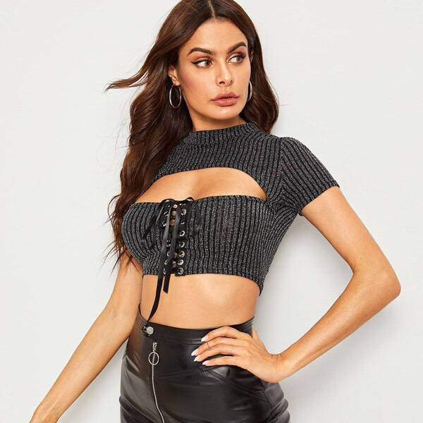 

Peekaboo Grommet Lace-Up Knit Crop Top
