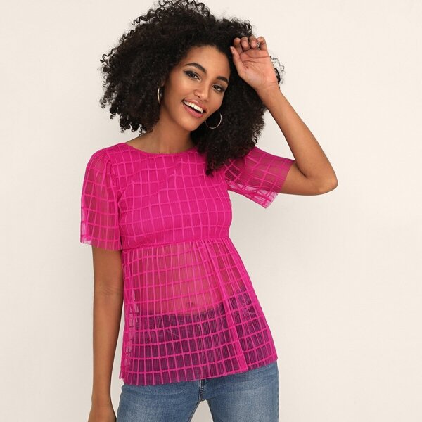

Window Pane Tie Back Peplum Mesh Top, Pink