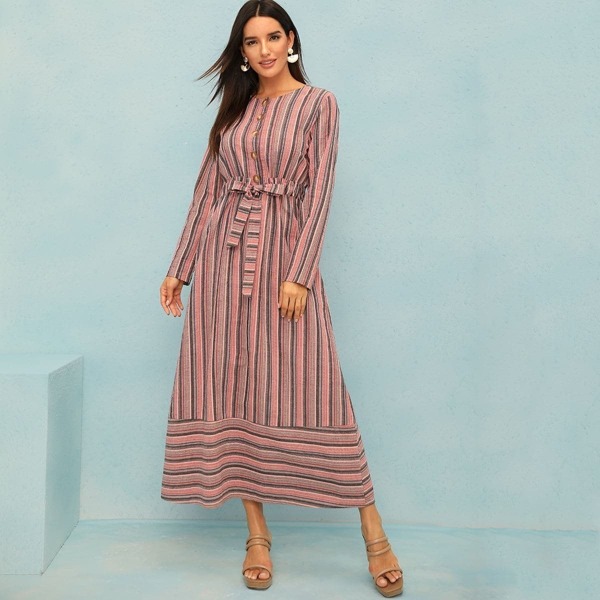 

Colorful Striped Button Front Belted Dress, Multicolor