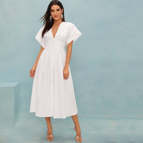 

Solid Button Front Deep V Neck Plicated Dress, White