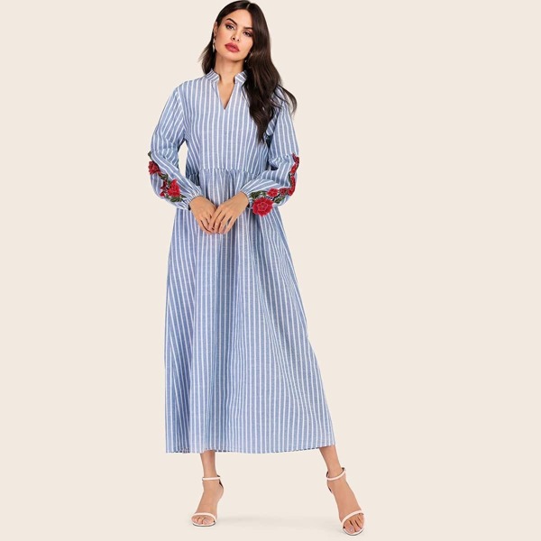 

Striped Flower Embroidered Notched Dress, Blue