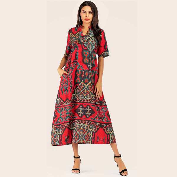 

Scroll Print Hidden Pocket Longline Dress, Red
