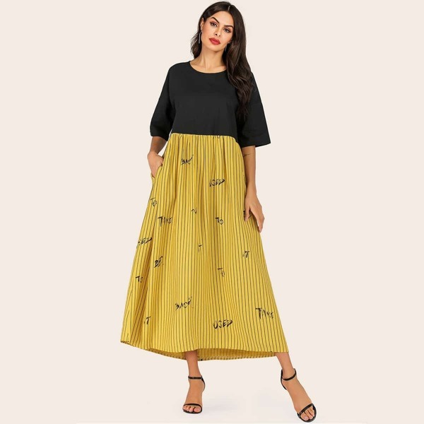 

Letter & Striped Contrast Colorblock Dress