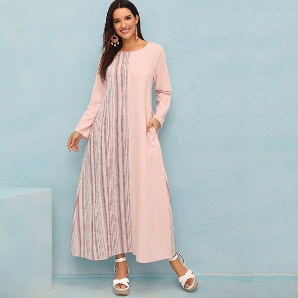 

Striped Contrast Hidden Pocket Longline Dress