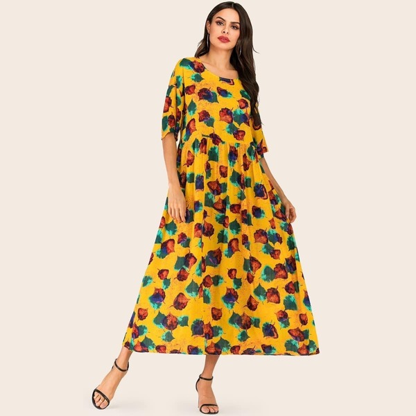

Plants Print Plicated Longline Dress, Multicolor