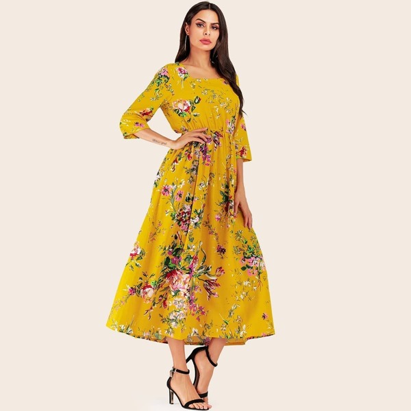 

Floral Print Plicated Square Neck Dress, Yellow