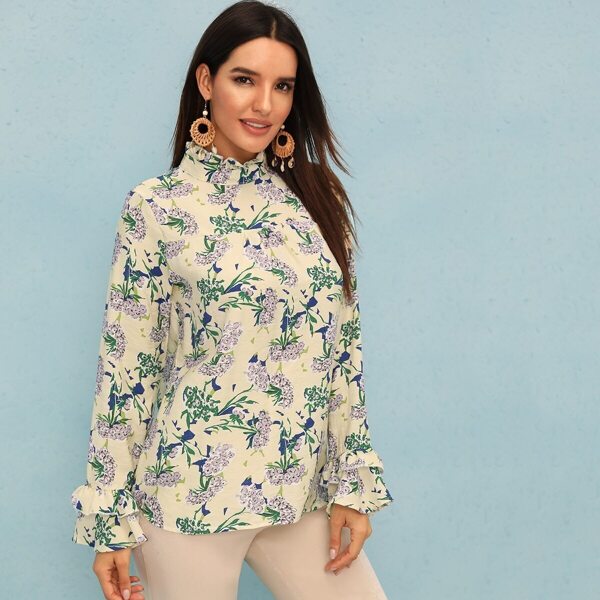 

Floral Print Frill Neck Keyhole Back Blouse