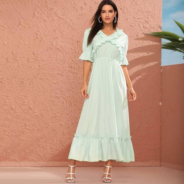 

Frill Trim Ruffle Hem Flounce Sleeve Dress, Green pastel