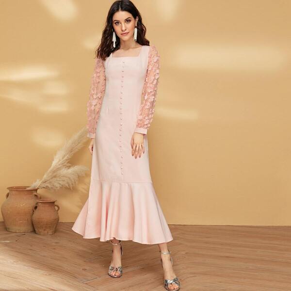 

Appliques Mesh Sleeve Button Front Ruffle Hem Dress, Pink