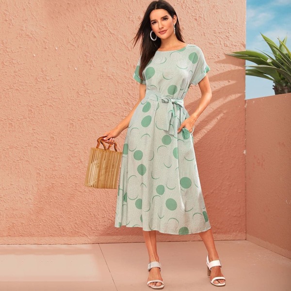 

Polka Dot & Striped Print Belted Dress