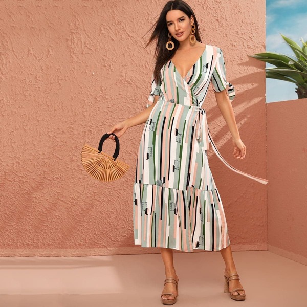 

Colorful Striped Ruffle Hem Belted Chiffon Dress