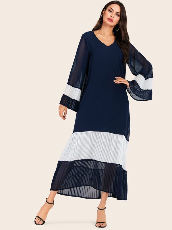 

Cut And Sew Pleated Chiffon Dress, Navy