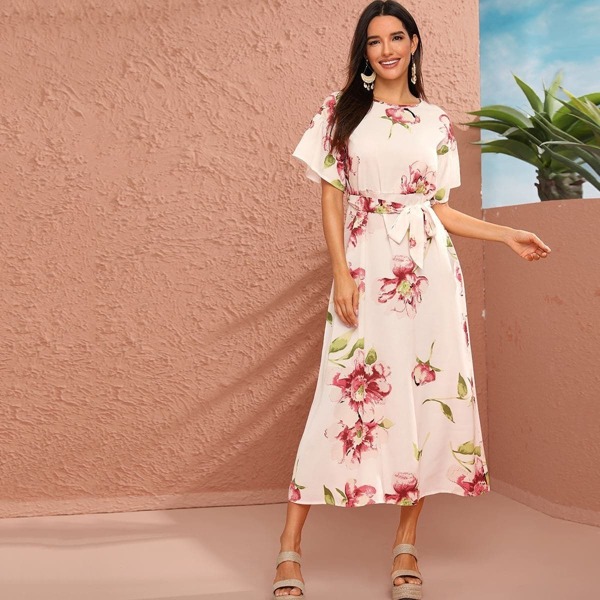 

Floral Print Belted Keyhole Back Dress