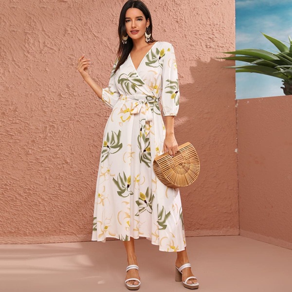 

Floral Print Knot Side Bishop Sleeve Dress