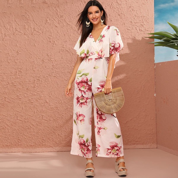 

Floral Print Ruffle Trim Low V Back Jumpsuit