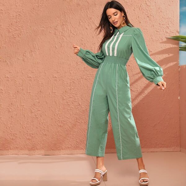 

Lace Contrast Shirred Wide Leg Jumpsuit, Green