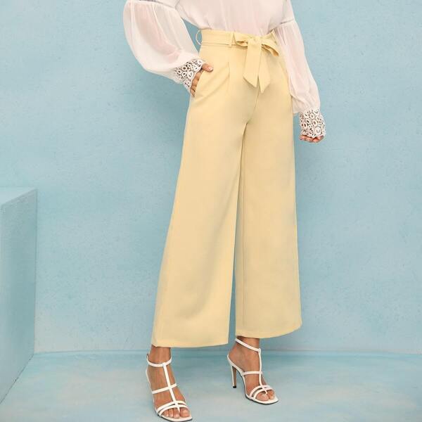 

Solid Plicated Knot Front Wide Leg Pants