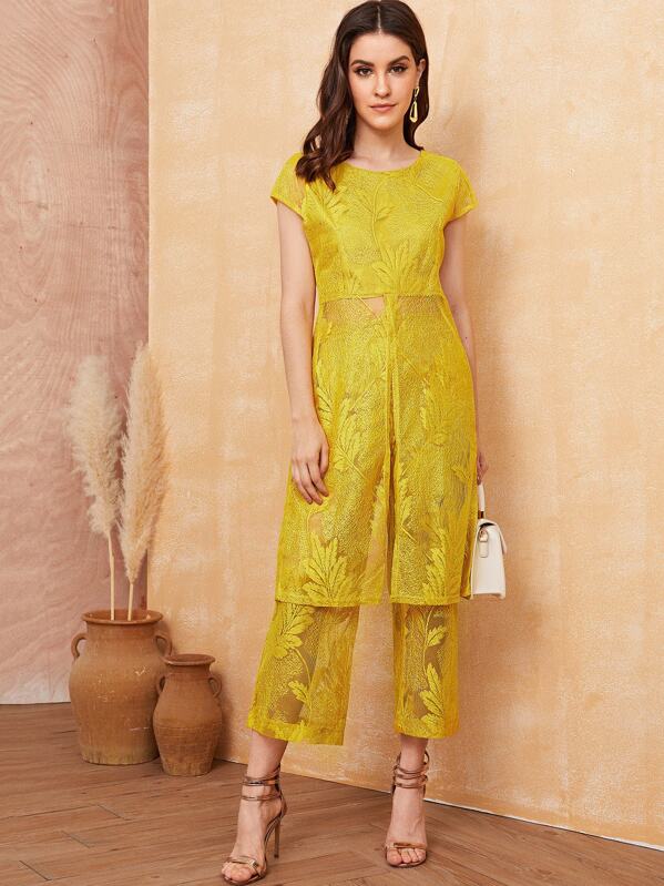 

Overall Lace Split Sheer Top & Pants Set, Gold, Vikie
