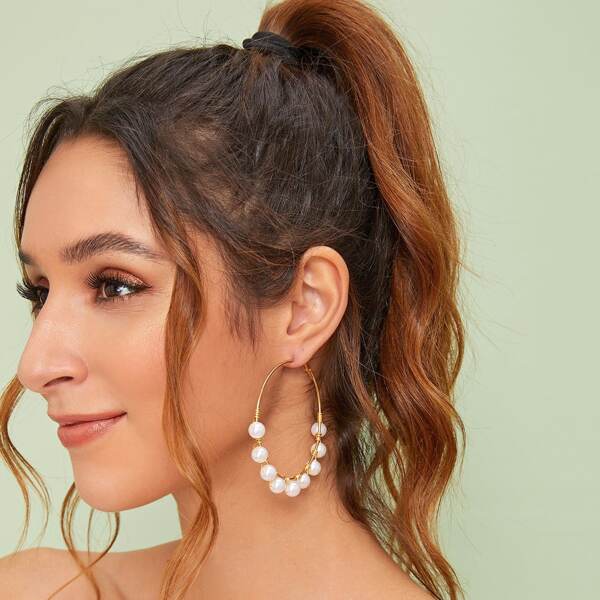 

Faux Pearl Charm Hoop Earrings 1pair, Beige