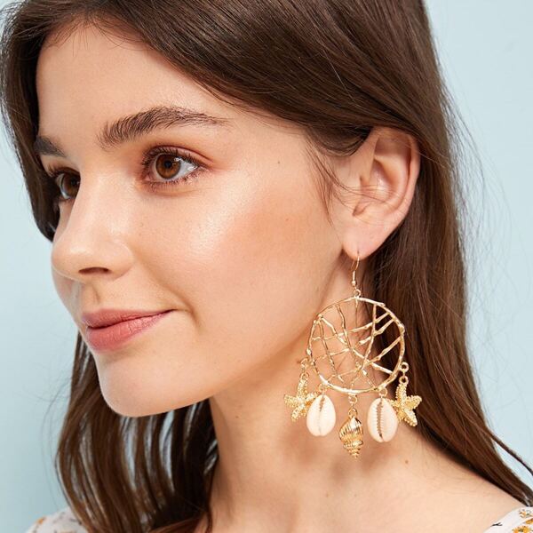 

Starfish & Shell Charm Hollow Drop Earrings 1pair