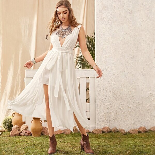 

Drop Armhole Plunge Neck Slit Hem Belted Dress