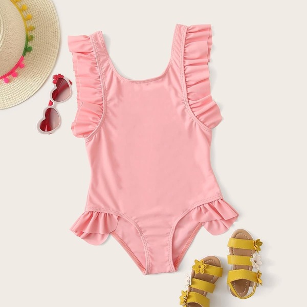 

Girls Frill Trim One Piece Swimwear, Pink pastel