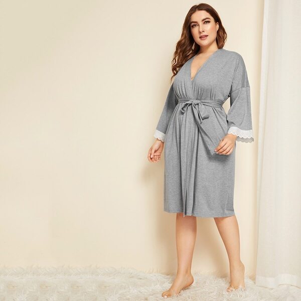 

Plus Lace Trim Robe With Belt