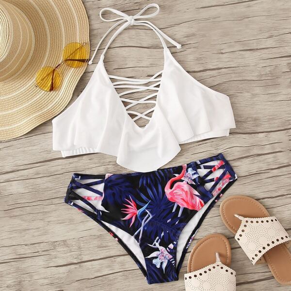 

Hanky Hem Lace-up Halter Bikini Set