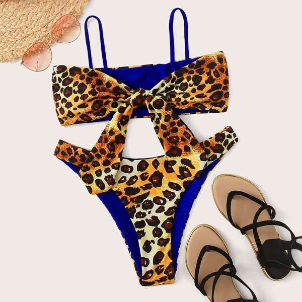

Leopard Knot Top With High Cut Bikini Set