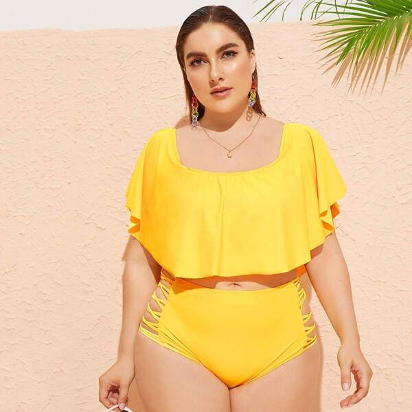 

Plus Neon Yellow Flounce Criss Cross Bikini Set, Yellow bright