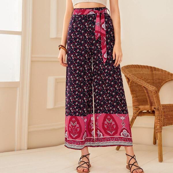 

Ditsy Floral Print Belted Wide Leg Pants
