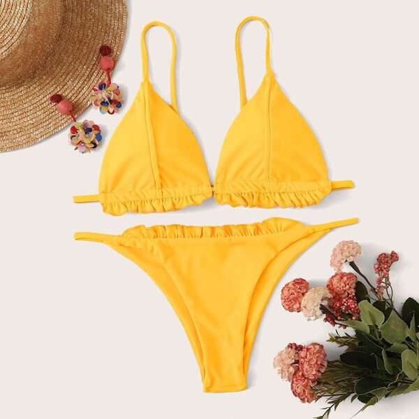 

Frill Trim Triangle Top With Tanga Bikini Set